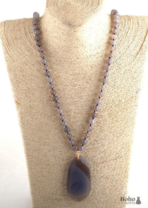 Collar bohemio de amazonita de cuarzo rosa RH, piedra natural ovalada azul, blanca y negra.