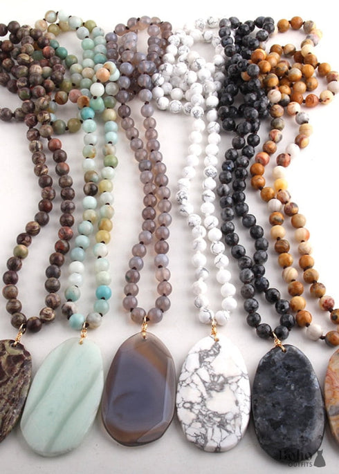 Collar bohemio de amazonita de cuarzo rosa RH, piedra natural ovalada azul, blanca y negra.