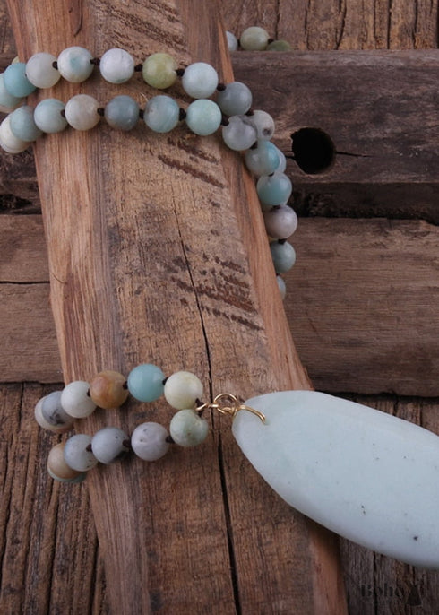 Collar bohemio de amazonita de cuarzo rosa RH, piedra natural ovalada azul, blanca y negra.