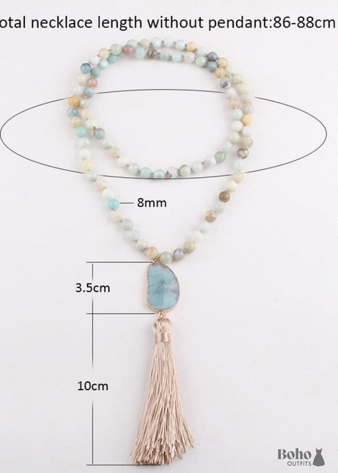 Collar bohemio con amazonita de cuarzo rosa RH y borla ovalada de piedra natural rosa.