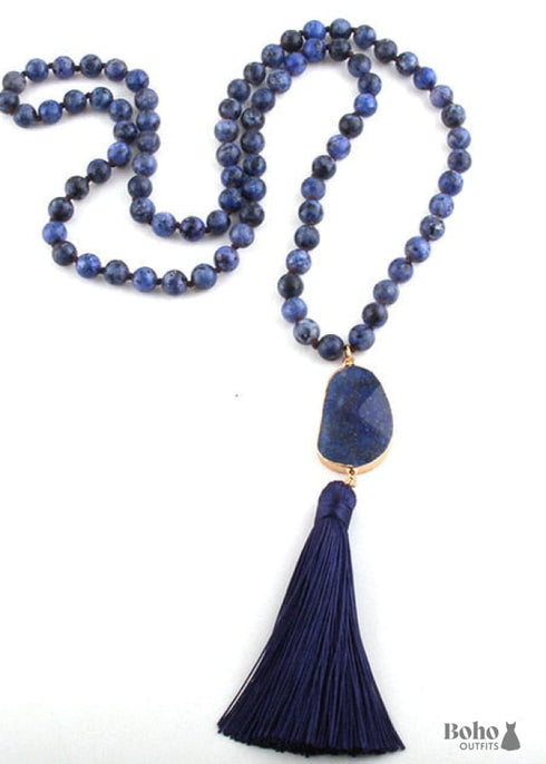 Collar bohemio con amazonita de cuarzo rosa RH y borla ovalada de piedra natural rosa.