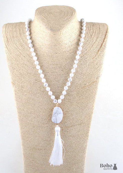 Collar bohemio con amazonita de cuarzo rosa RH y borla ovalada de piedra natural rosa.