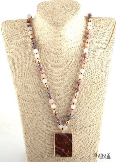 Boho Necklace, RH Rose Quart Amazonite, Square Pink Green Natural Stone