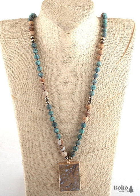 Boho Necklace, RH Rose Quart Amazonite, Square Pink Green Natural Stone