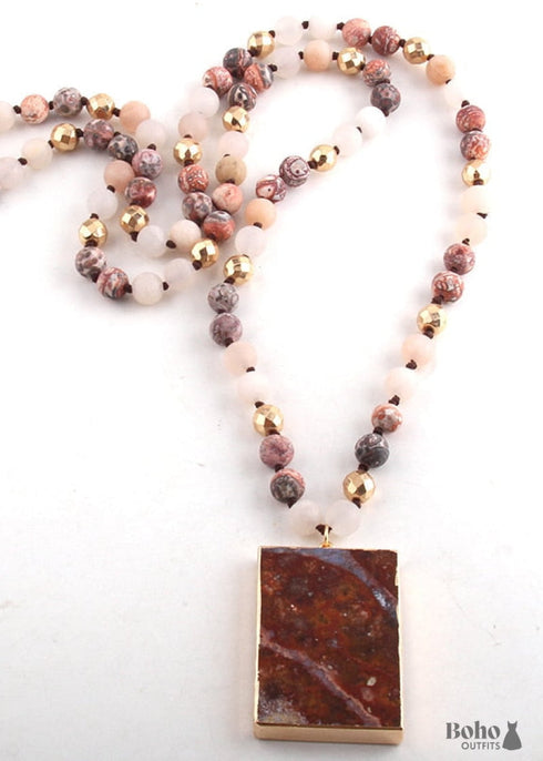 Boho Necklace, RH Rose Quart Amazonite, Square Pink Green Natural Stone