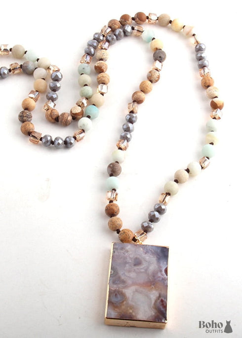 Boho Necklace, RH Rose Quart Amazonite, Square Pink Green Natural Stone