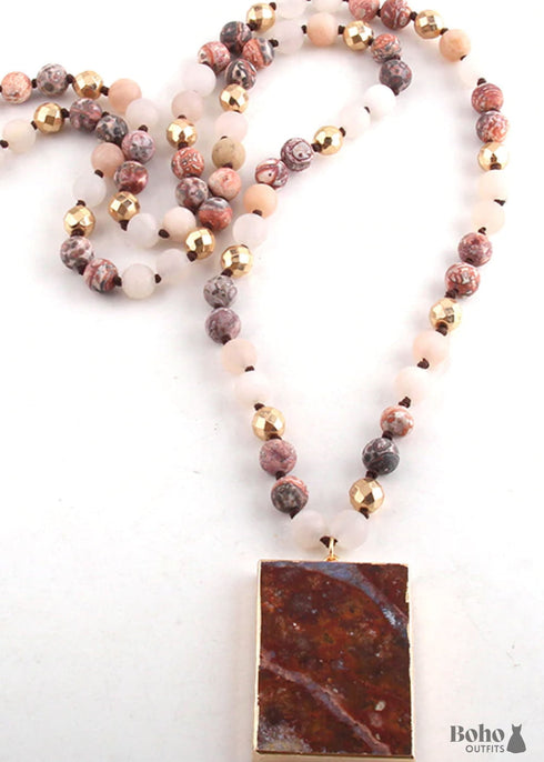 Boho Necklace, RH Rose Quart Amazonite, Square Pink Green Natural Stone