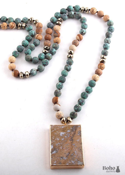 Boho Necklace, RH Rose Quart Amazonite, Square Pink Green Natural Stone