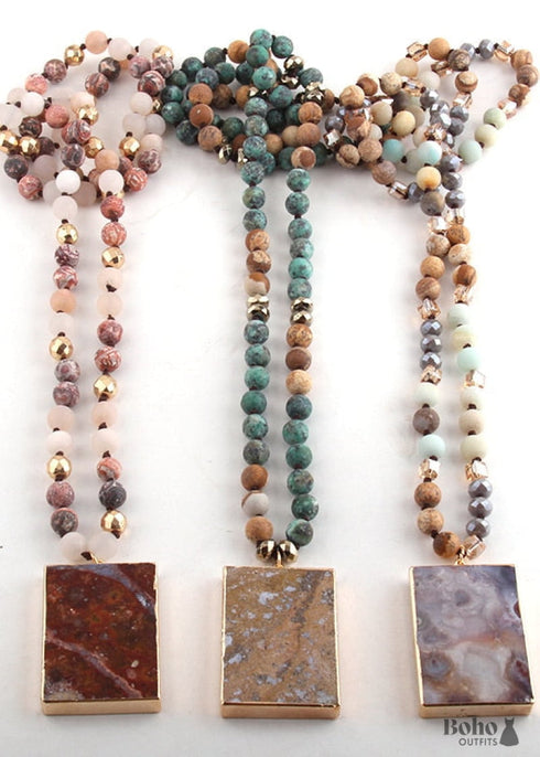 Boho Necklace, RH Rose Quart Amazonite, Square Pink Green Natural Stone