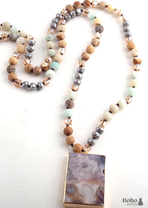 Boho Necklace, RH Rose Quart Amazonite, Square Pink Green Natural Stone