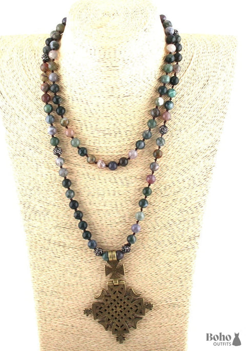 Collar bohemio, ojo de tigre RH, piedra natural negra ética