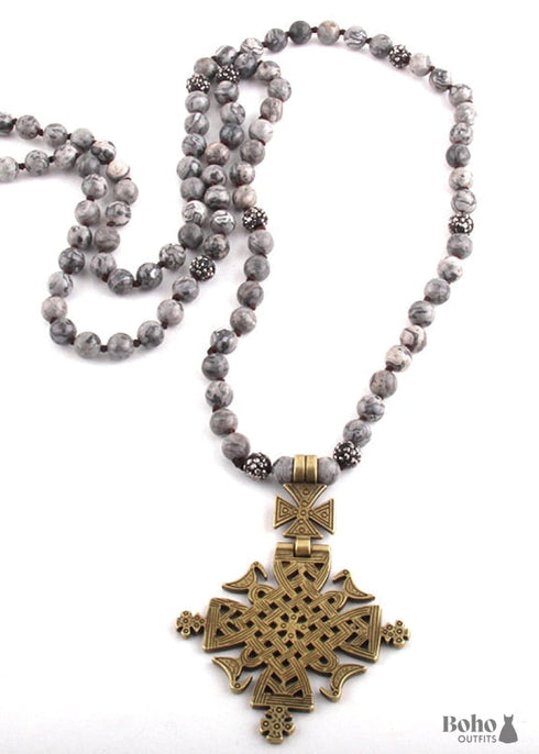 Collar bohemio, ojo de tigre RH, piedra natural negra ética