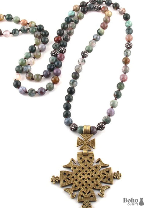 Collar bohemio, ojo de tigre RH, piedra natural negra ética