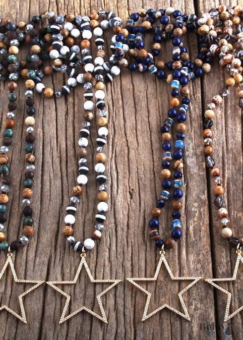 Collar bohemio, ojo de tigre RH, piedra natural marrón estrella