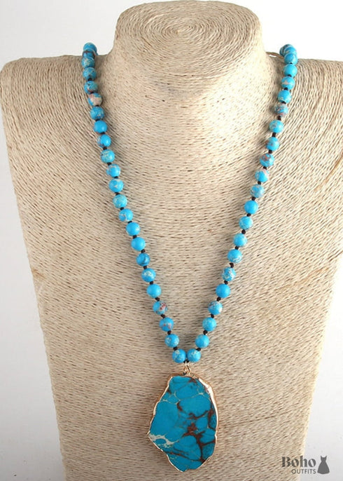 Collar bohemio, piedra natural turquesa RH en azul y verde
