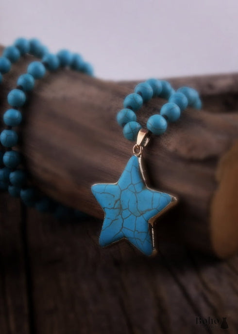 Collar bohemio, piedra natural turquesa blanca y azul RH