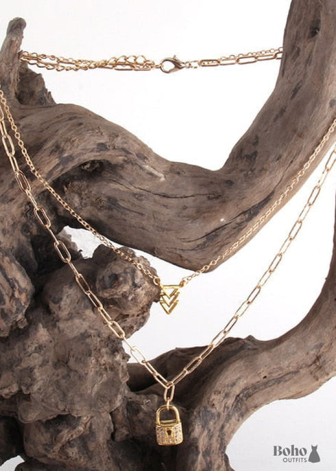 Collar bohemio, RH, dos capas, cobre, oro, candado y llave