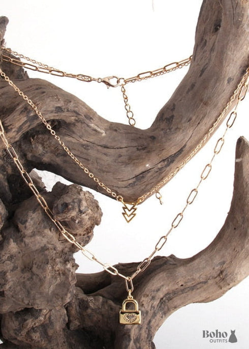 Collar bohemio, RH, dos capas, cobre, oro, candado y llave