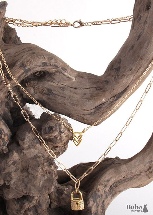 Collar bohemio, RH, dos capas, cobre, oro, candado y llave