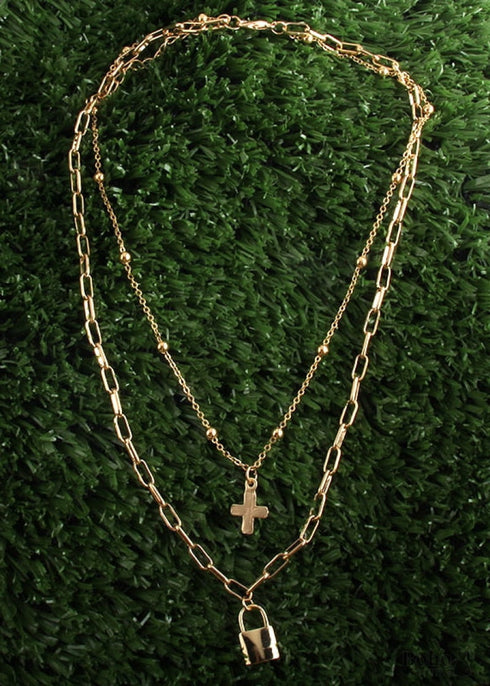 Collar bohemio, RH, dos capas, cobre, oro, candado y llave