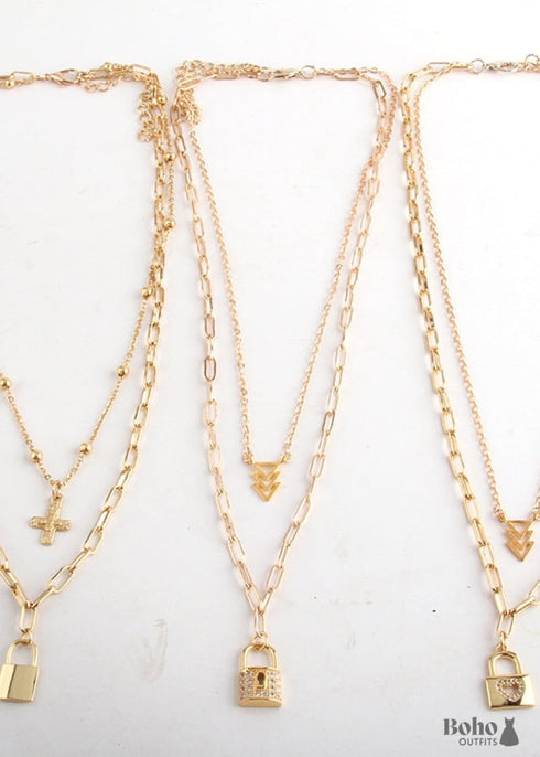 Collar bohemio, RH, dos capas, cobre, oro, candado y llave