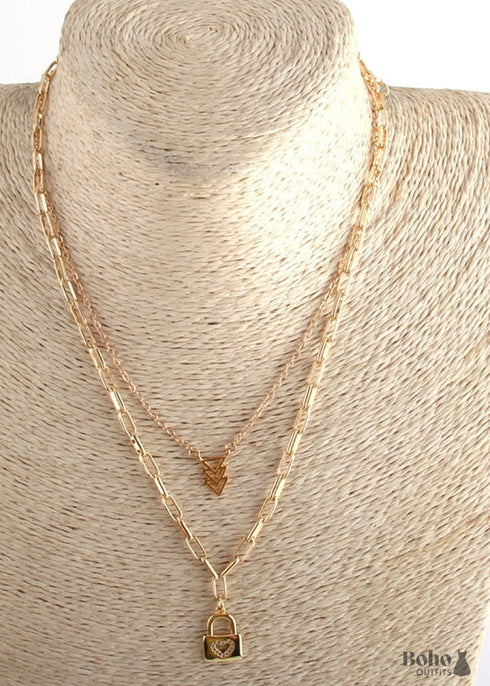 Collar bohemio, RH, dos capas, cobre, oro, candado y llave