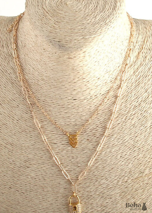 Collar bohemio, RH, dos capas, cobre, oro, candado y llave