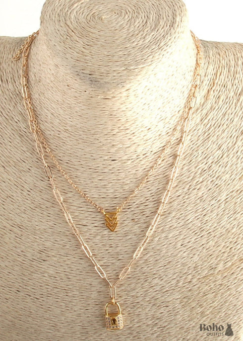 Collar bohemio, RH, dos capas, cobre, oro, candado y llave