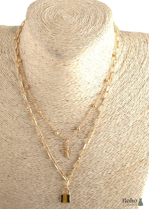 Collar bohemio, RH, dos capas, cobre, oro, candado y llave