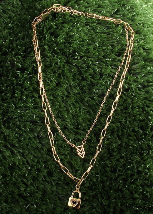 Collar bohemio, RH, dos capas, cobre, oro, candado y llave