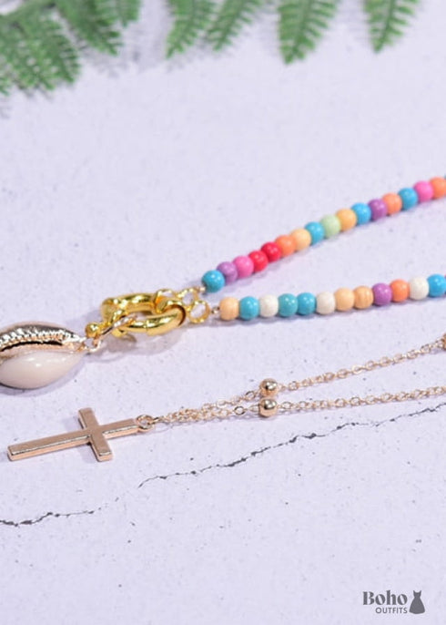 Collar bohemio, gargantilla de cuentas de semillas, cruz y concha de 2 capas