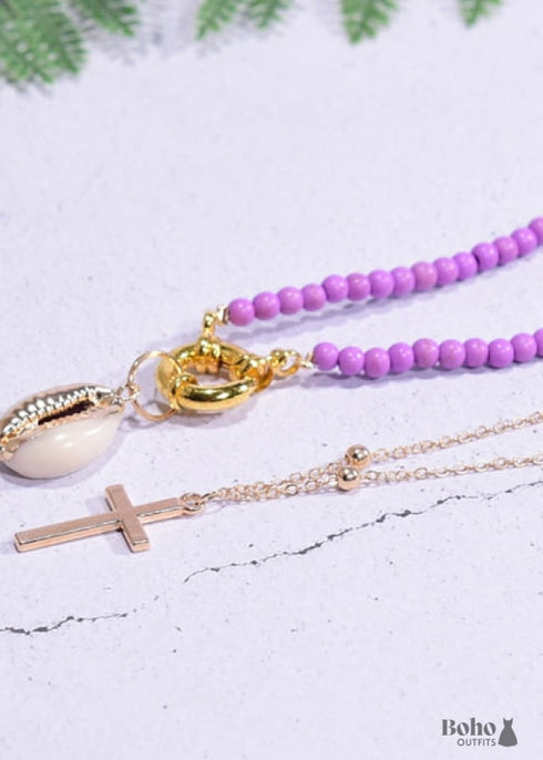 Collar bohemio, gargantilla de cuentas de semillas, cruz y concha de 2 capas