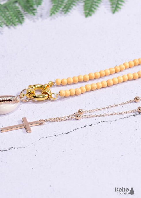 Collar bohemio, gargantilla de cuentas de semillas, cruz y concha de 2 capas