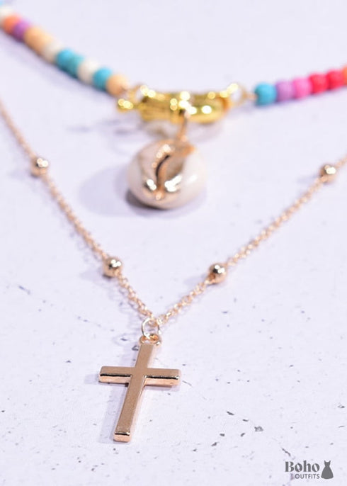 Collar bohemio, gargantilla de cuentas de semillas, cruz y concha de 2 capas