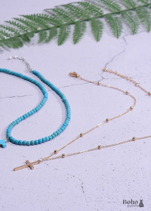 Collar bohemio, gargantilla de cuentas de semillas, doble cruz de 2 capas