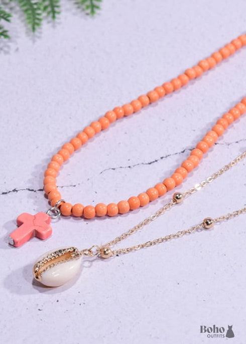 Collar bohemio, gargantilla de cuentas de semillas, doble cruz de 2 capas