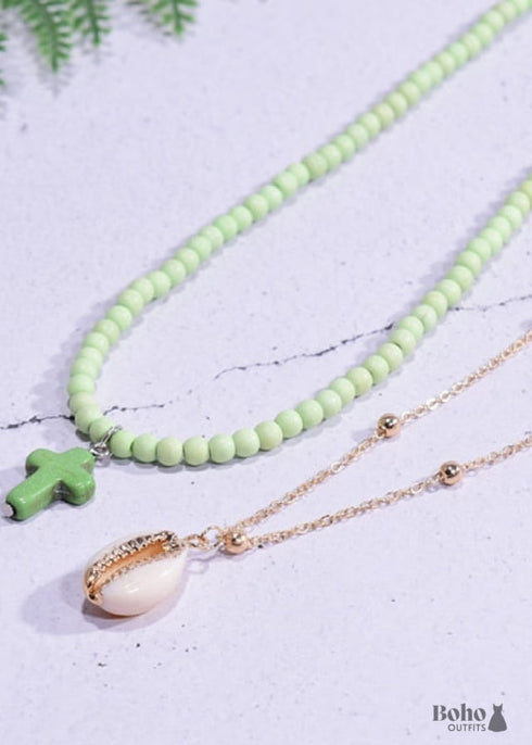 Collar bohemio, gargantilla de cuentas de semillas, doble cruz de 2 capas