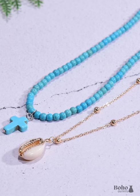 Collar bohemio, gargantilla de cuentas de semillas, doble cruz de 2 capas