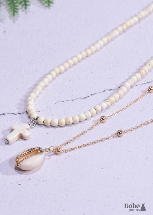 Collar bohemio, gargantilla de cuentas de semillas, doble cruz de 2 capas