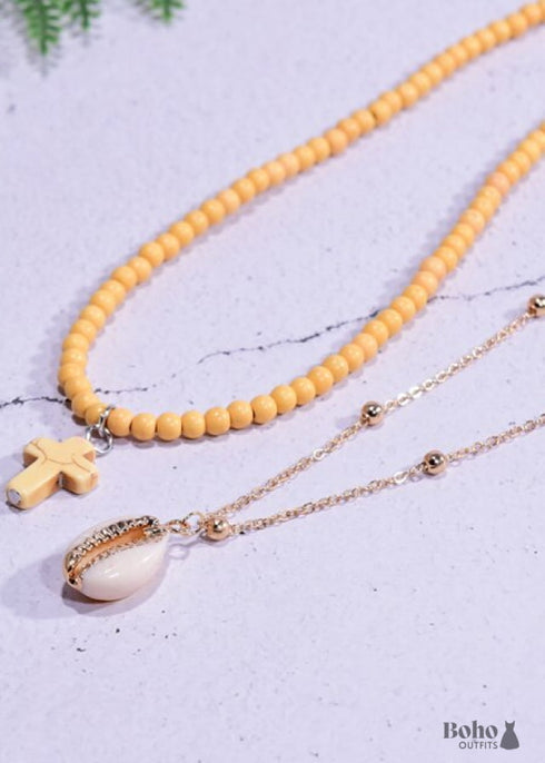 Collar bohemio, gargantilla de cuentas de semillas, doble cruz de 2 capas