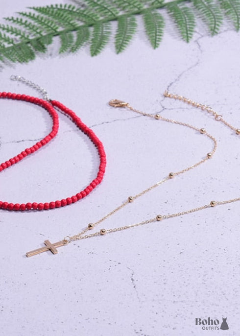 Collar bohemio, gargantilla de cuentas de semillas, doble cruz de 2 capas