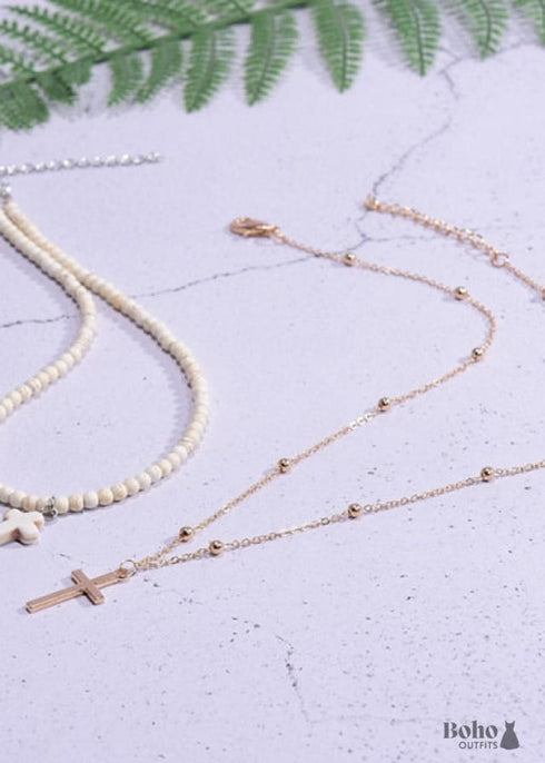 Collar bohemio, gargantilla de cuentas de semillas, doble cruz de 2 capas