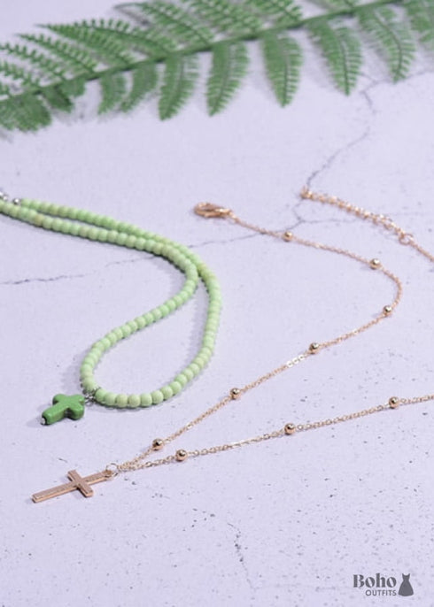 Collar bohemio, gargantilla de cuentas de semillas, doble cruz de 2 capas