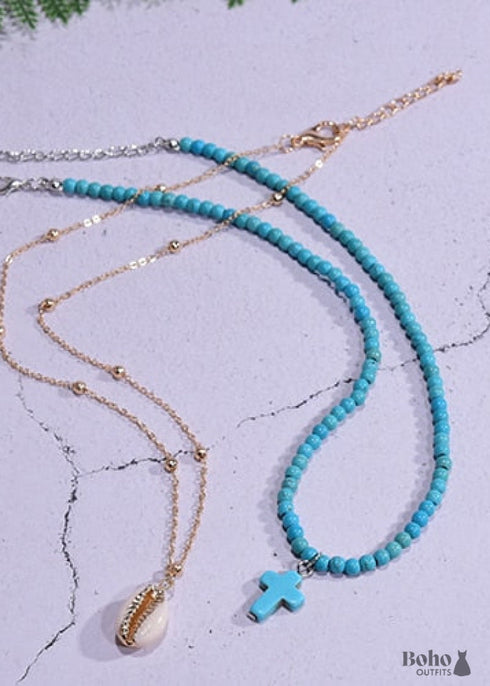 Collar bohemio, gargantilla de cuentas de semillas, doble cruz de 2 capas