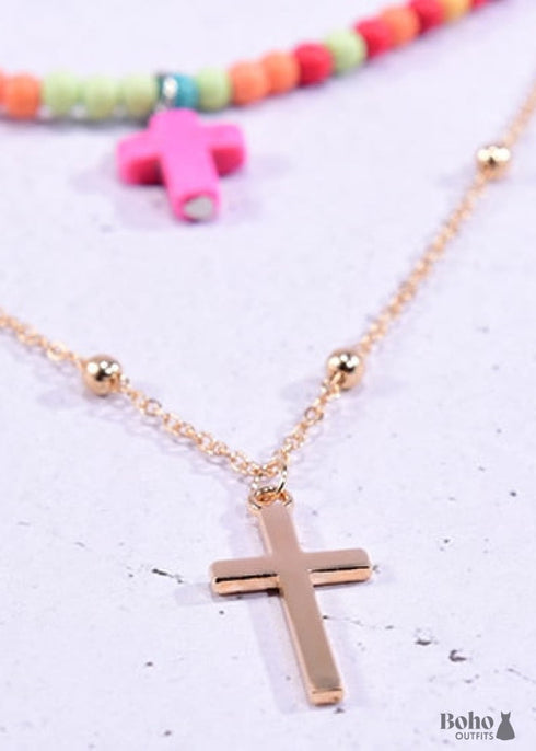 Collar bohemio, gargantilla de cuentas de semillas, doble cruz de 2 capas