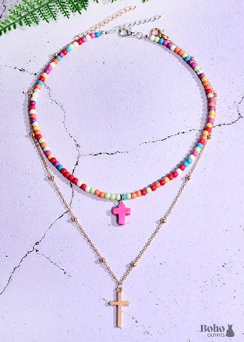 Collar bohemio, gargantilla de cuentas de semillas, doble cruz de 2 capas