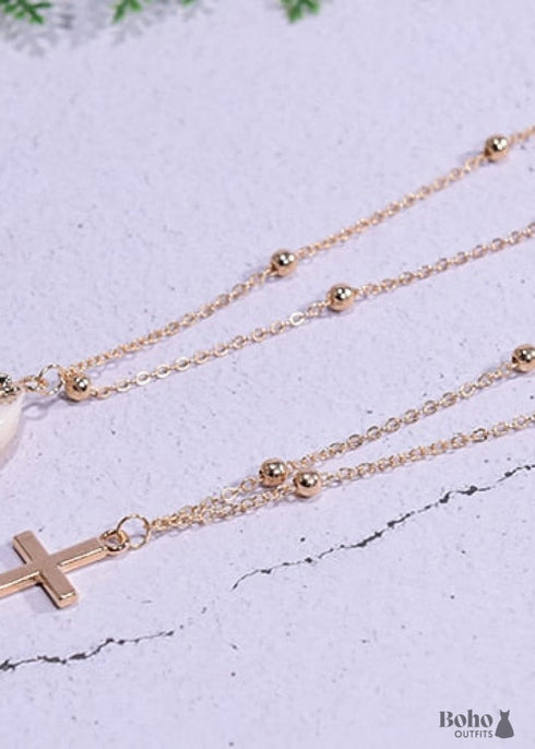 Collar bohemio, gargantilla de cuentas de semillas, doble cruz de 2 capas
