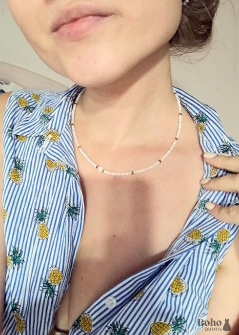 Collar bohemio, gargantilla de cuentas de semillas, cristal blanco y negro