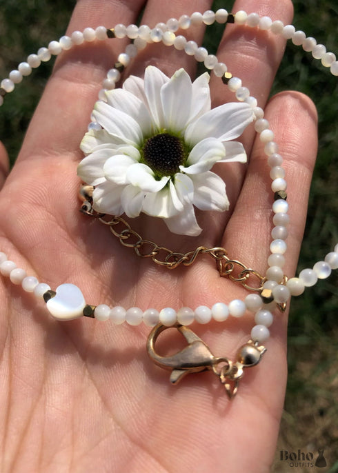 Collar bohemio, gargantilla de cuentas de semillas, cristal blanco y negro