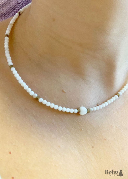 Collar bohemio, gargantilla de cuentas de semillas, cristal blanco y negro